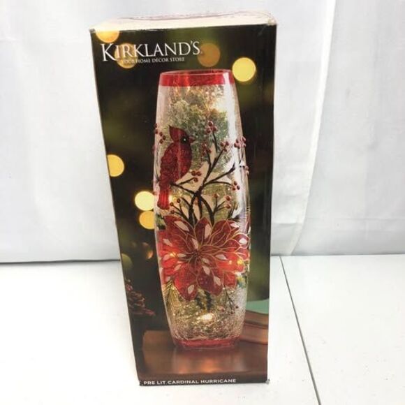 Christmas Kirkland's Pre Lit Crackle Glass Cardinal Hurricane Lamp w/Box - Picture 9 of 9